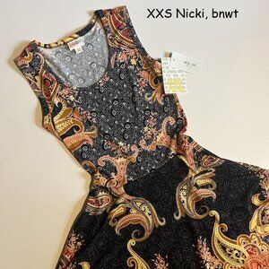 XXS Lularoe Nicki dress, black with yellow and orange paisleys